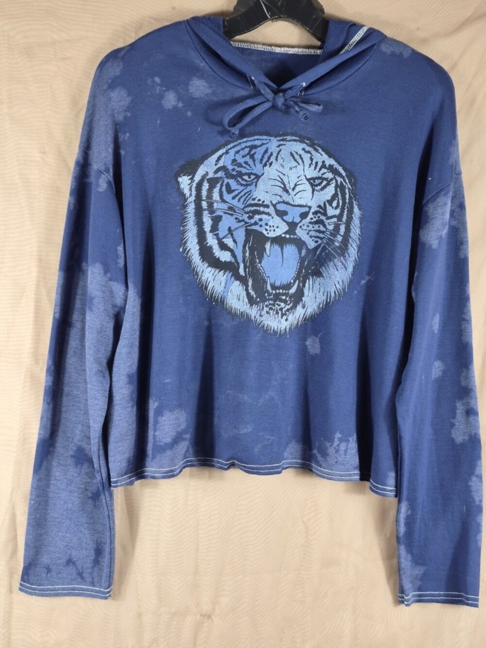 UNBRANDED women's blue TIGER tie dyed cropped Hoodie w/drawstring top size L